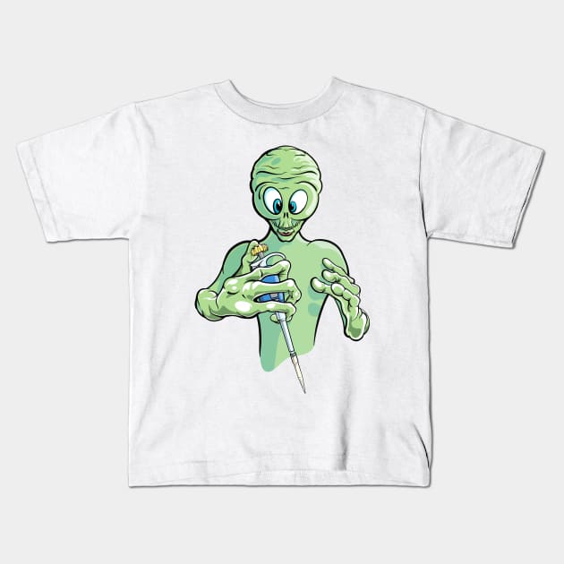Funny Science Cartoon - Alien Visitor Holding Pipette PCR Kids T-Shirt by SuburbanCowboy
